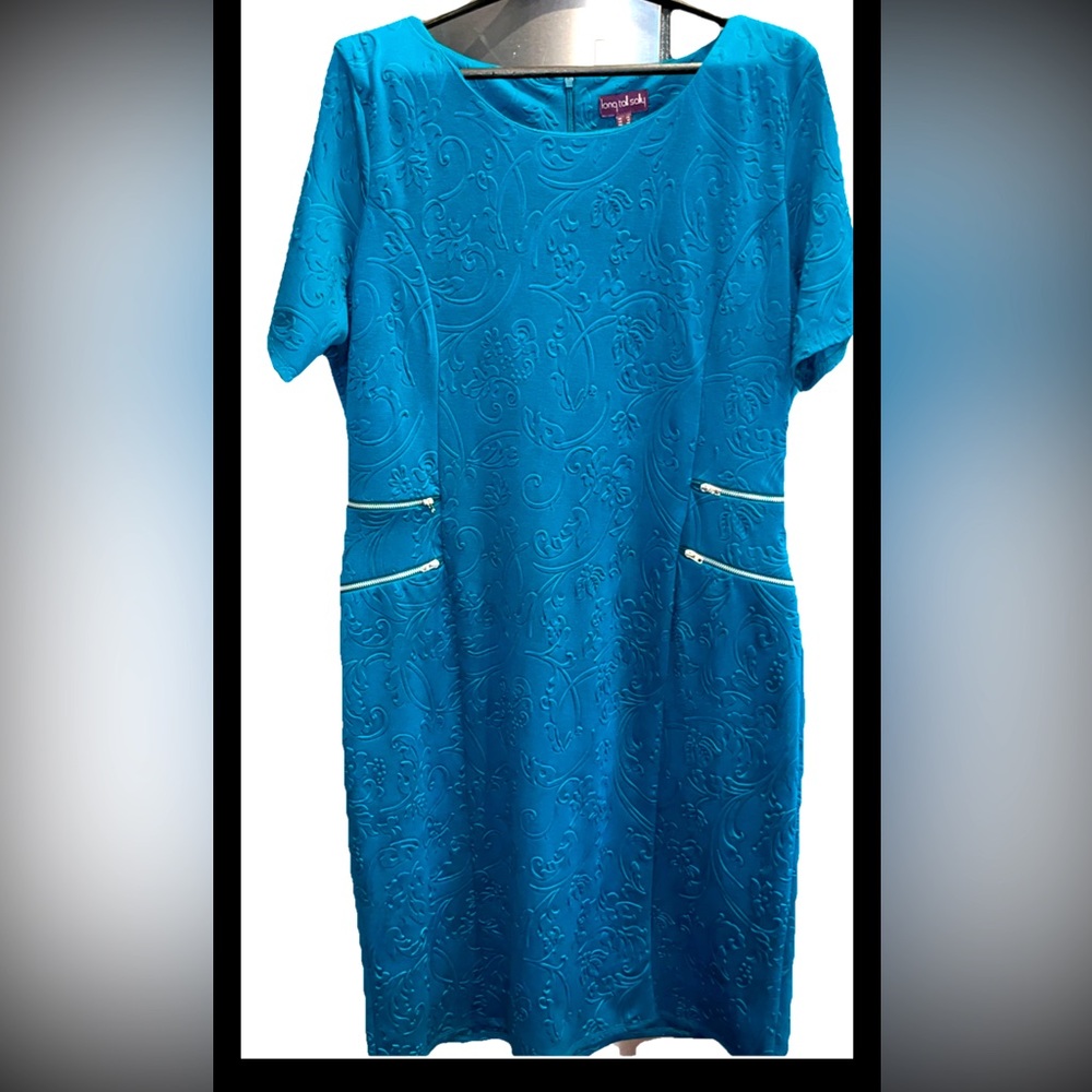 Long Tall Sally TURQUOISE blue Floral Embossed Zipper Accents short Sleeve Sz 16